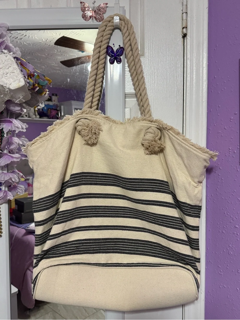 Large Magid Beach Bag Beige with Black stripes